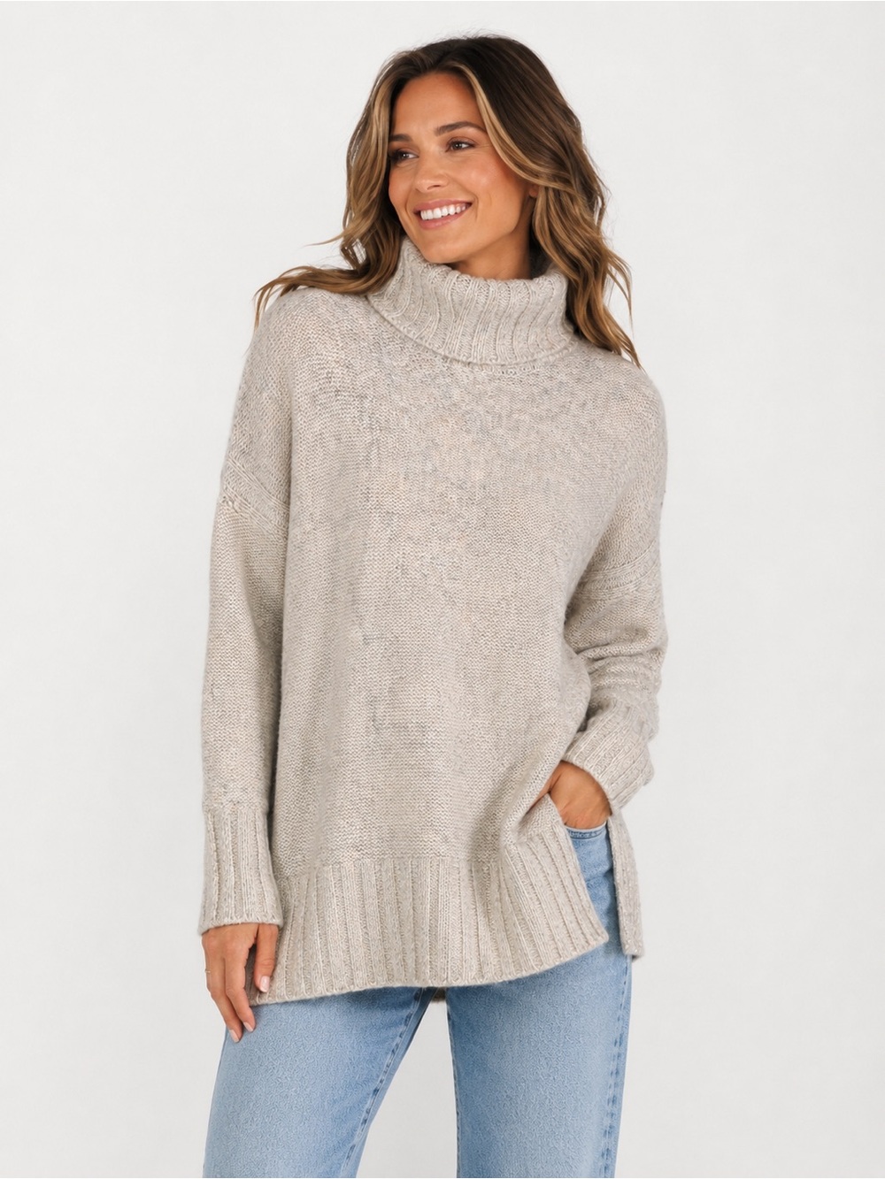 Marled Reunited Clothing XL Turtleneck Sweater Beige Knit Cozy Oversized Pullove